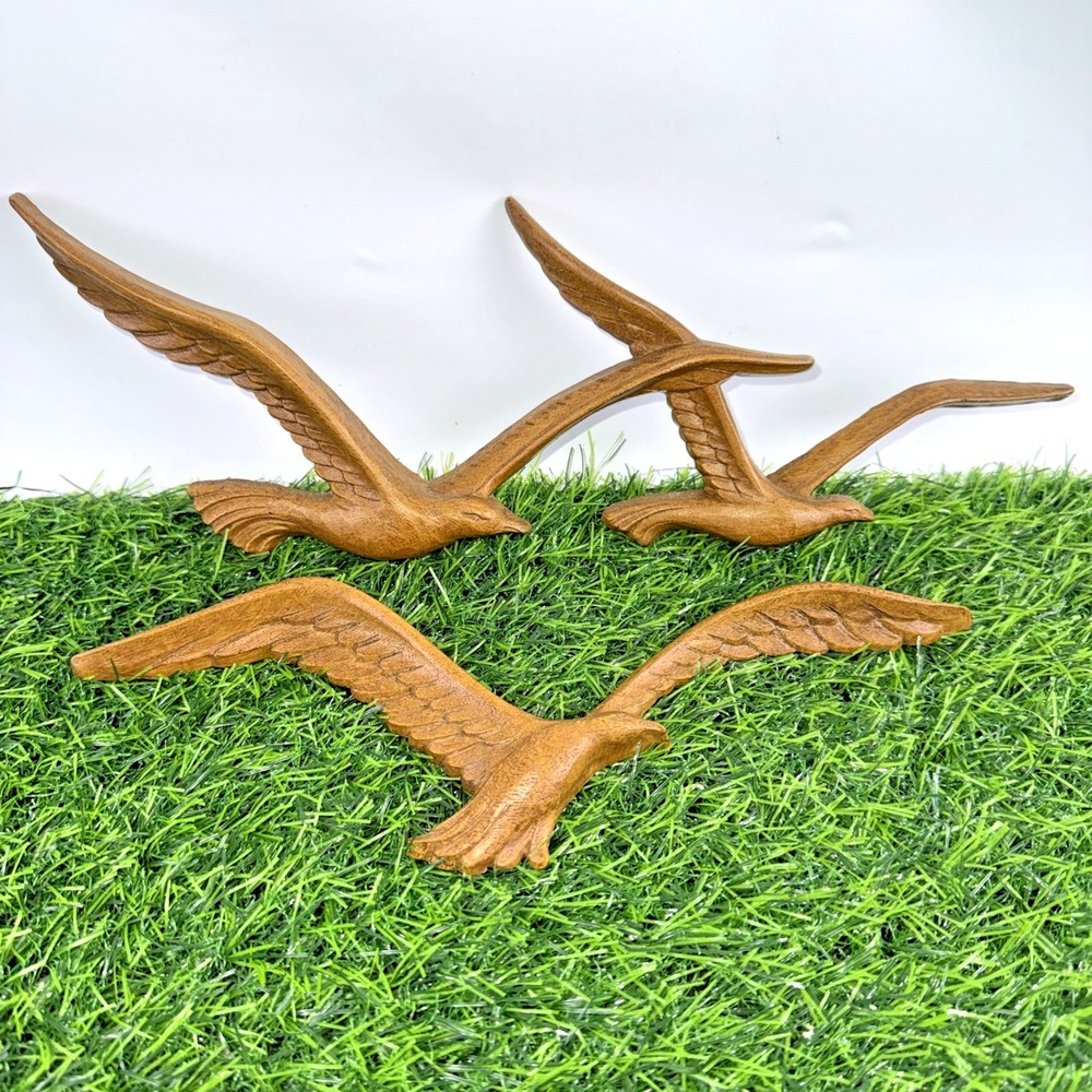 VTG Homco Syroco Flying Seagulls Wall Decor Brown Faux Wood Bird Set USA
